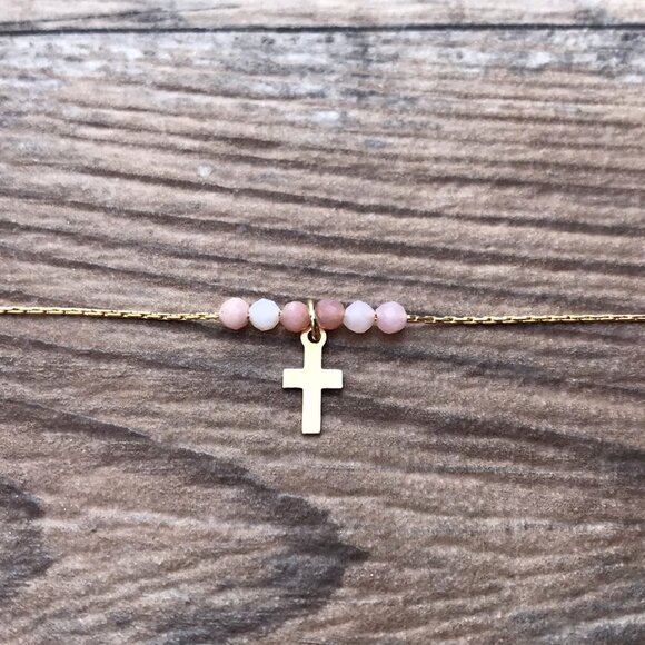 Beaded Cross necklace, gold, Easter gift, Christian gift, minimalist, gemstone, - Picture 3 of 6